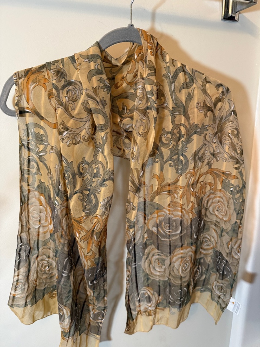Vintage Liz Claiborne Sheer Floral Scroll Print Scarf in Gold, Gray, Cream